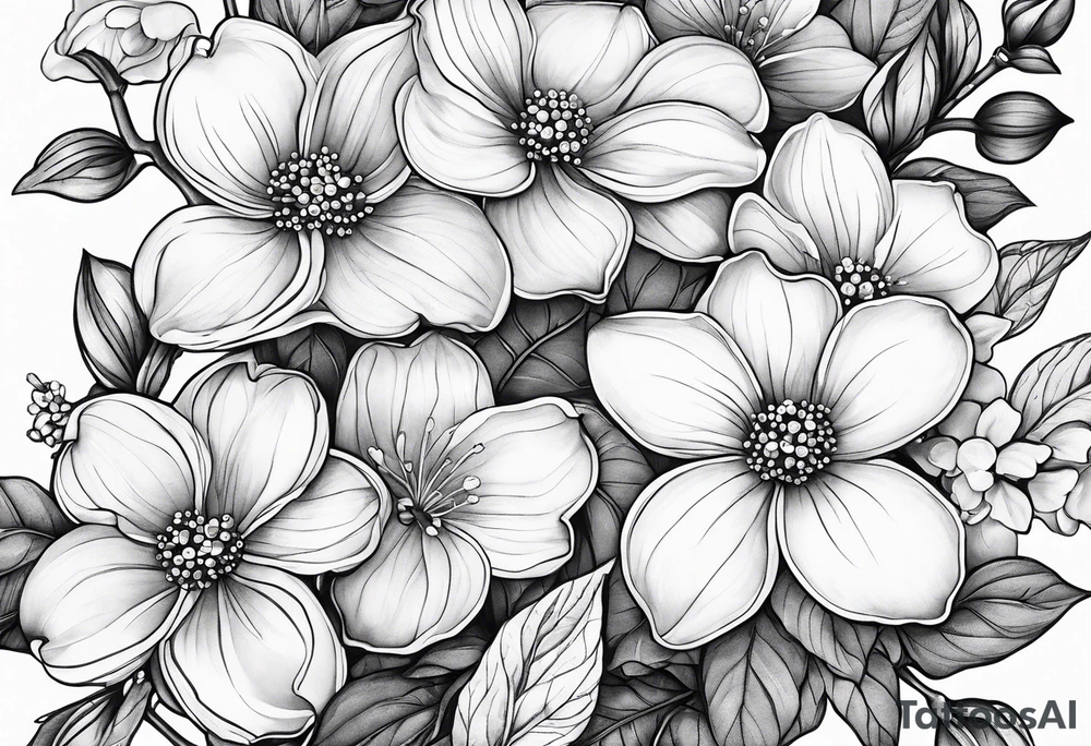 Forget me not flowers, flowering dogwood flowers, wanglo flowers and orange blossom flowers tattoo idea