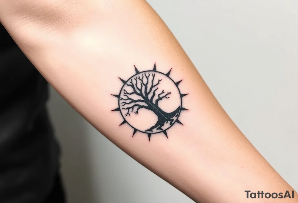 Tree inside of a spiral moving sun tattoo idea
