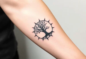 Tree inside of a spiral moving sun tattoo idea