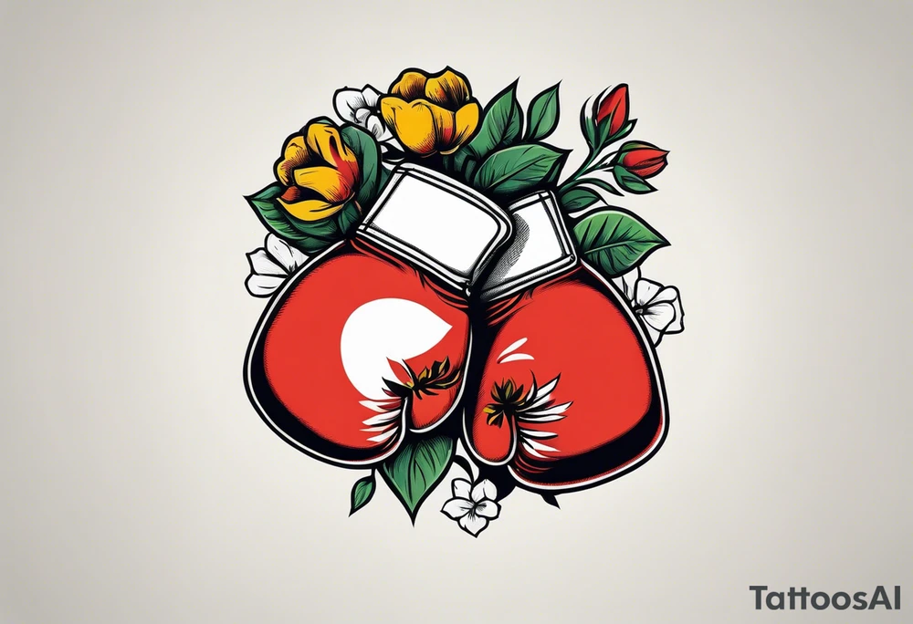 boxing gloves and flowers around the gloves  bold colors traditional old school vintage tattoo idea