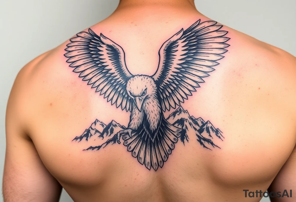 majestic eagle spreading wings against mountain peaks tattoo idea