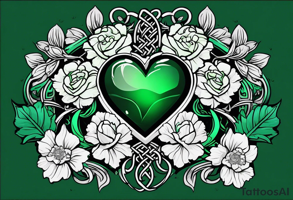 Irish Celtic symbol of love wedding ring with an Emrald green gem in the middle of the heart with a bundle of carnations, leaves, and narcissus coming out of the hands. Simple tattoo idea