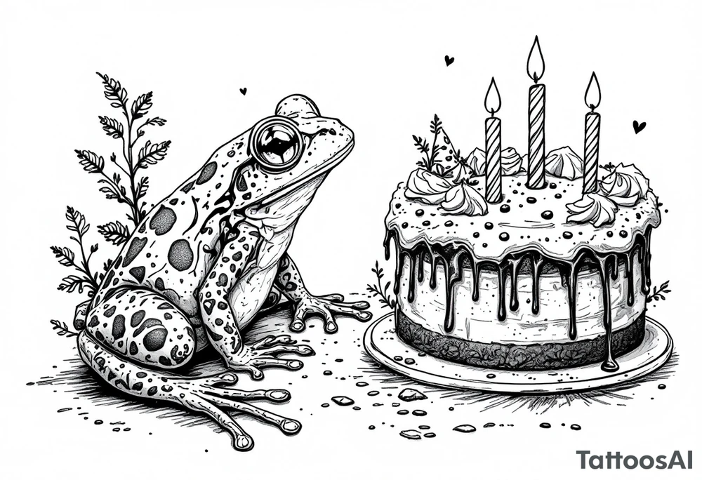 A frog and a birthday cake tattoo idea