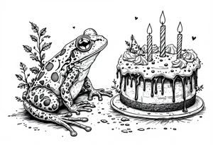 A frog and a birthday cake tattoo idea