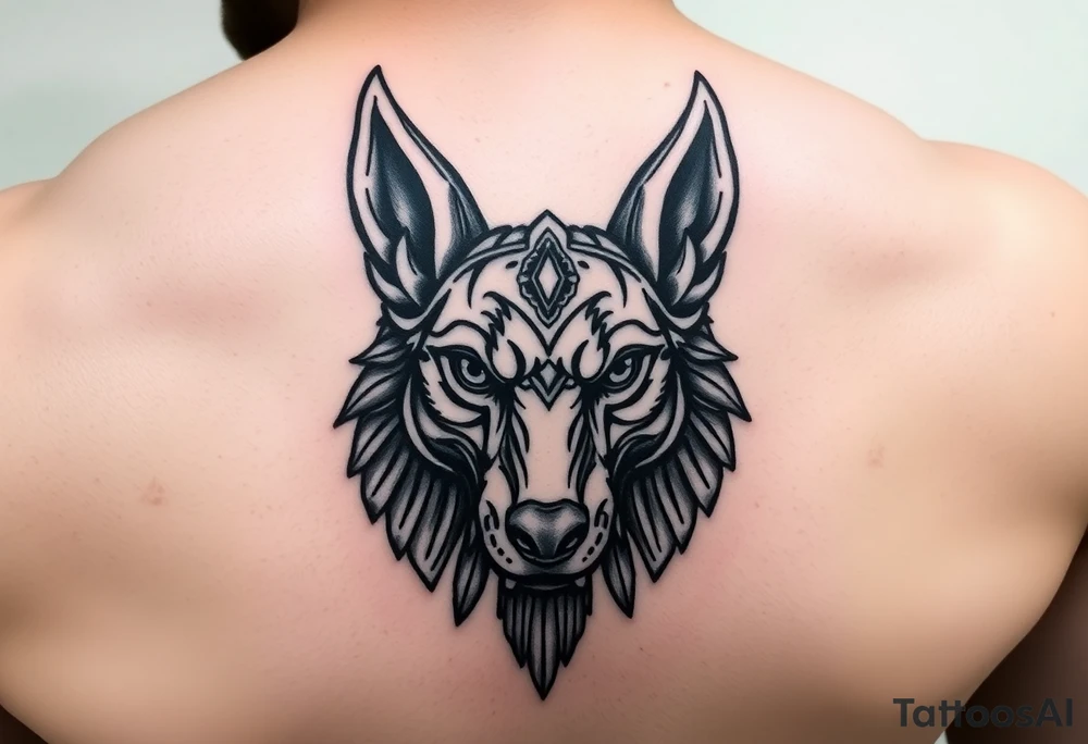 muscle Egyptian Anubis god face in Egypt style dog face tattoo idea