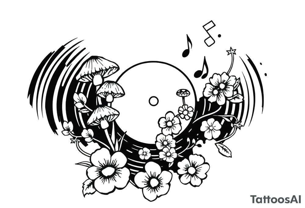 vinyl record with mushrooms, flowers, and music notes tattoo idea