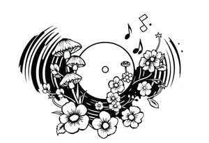vinyl record with mushrooms, flowers, and music notes tattoo idea