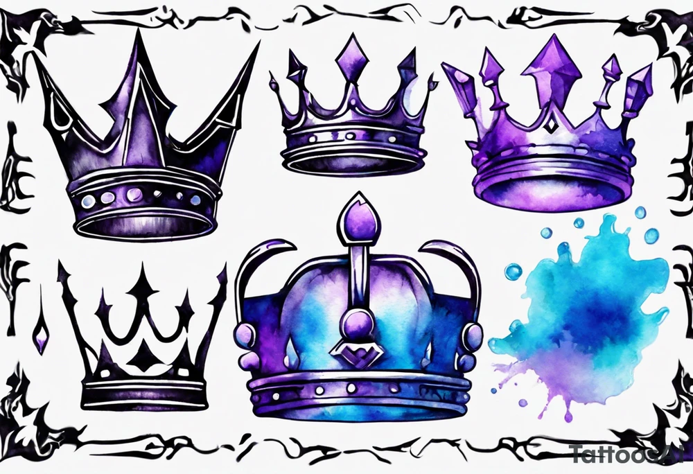 Black King’s crown on a water color background of purple and blue tattoo idea