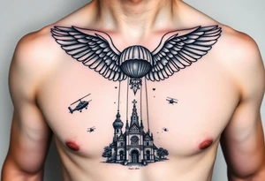 tattoo on the left side of the chest, paratrooper wings in the clouds with mi17 helicopters and paratroopers on their feet and below the church of cyril and methodius from prague tattoo idea