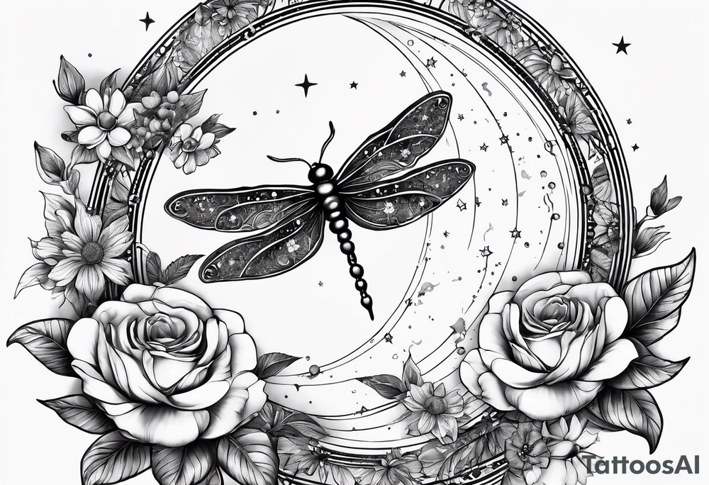Floral moon phases with dragonfly and chain with stars in a line tattoo idea