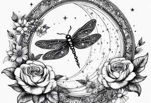 Floral moon phases with dragonfly and chain with stars in a line tattoo idea