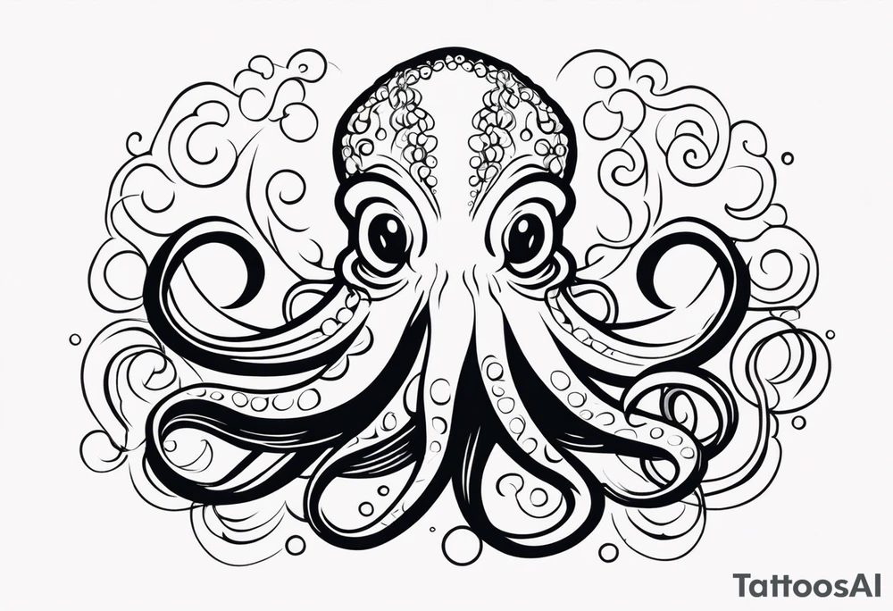 Tribal half sleeve. octopus surrounded by ribbons of water waves filled with fish. the octopus has no eyes. Use thick lines only with less detail. tattoo idea