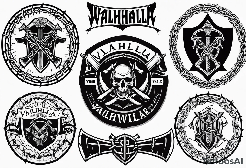 Valhalla round shield axe barbed wire chains tattoo idea