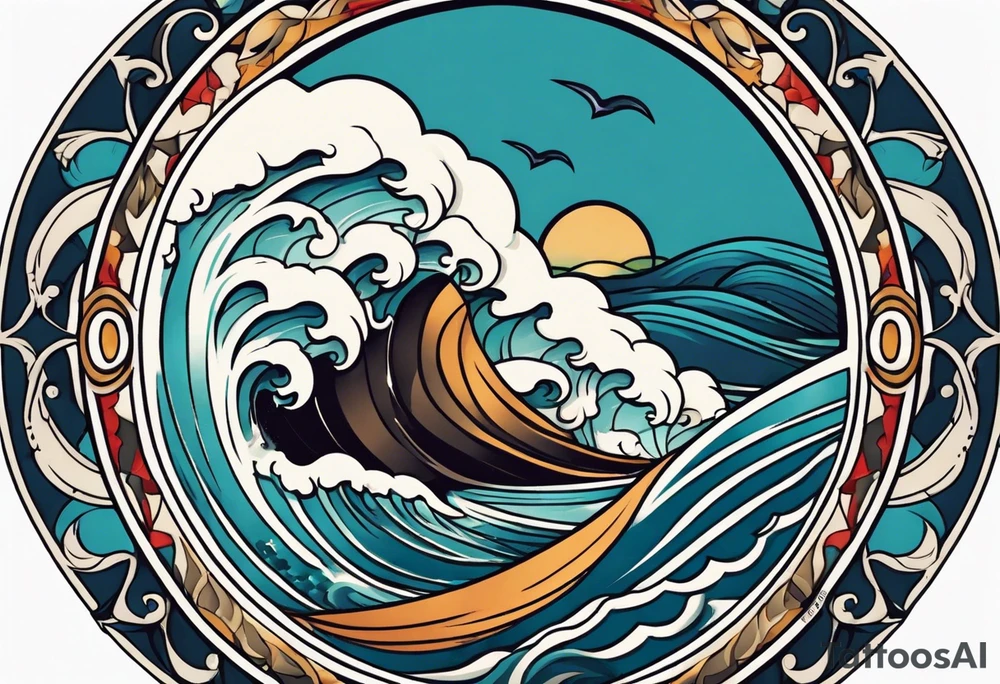 vintage traditional tattoo of ocean waves 
within a circle and banner across bottom tattoo idea