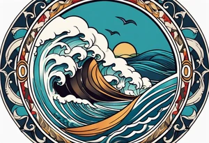 vintage traditional tattoo of ocean waves 
within a circle and banner across bottom tattoo idea