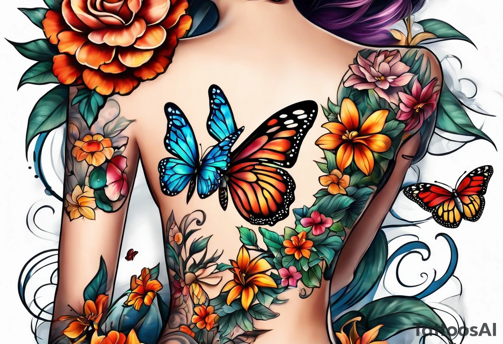 Sleeve with butterflies and colorful flowers tattoo idea