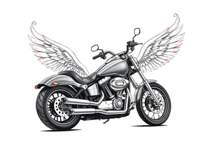 Harley grey motorcycle driving away, flames, angel wings tattoo idea