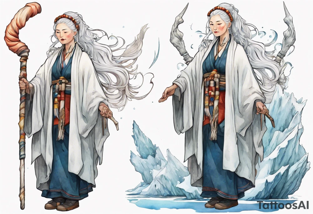 a 40 year old Sami woman with white hair and a white robe holding a unicorn horn staff, standing on an iceberg tattoo idea