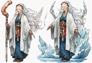 a 40 year old Sami woman with white hair and a white robe holding a unicorn horn staff, standing on an iceberg tattoo idea