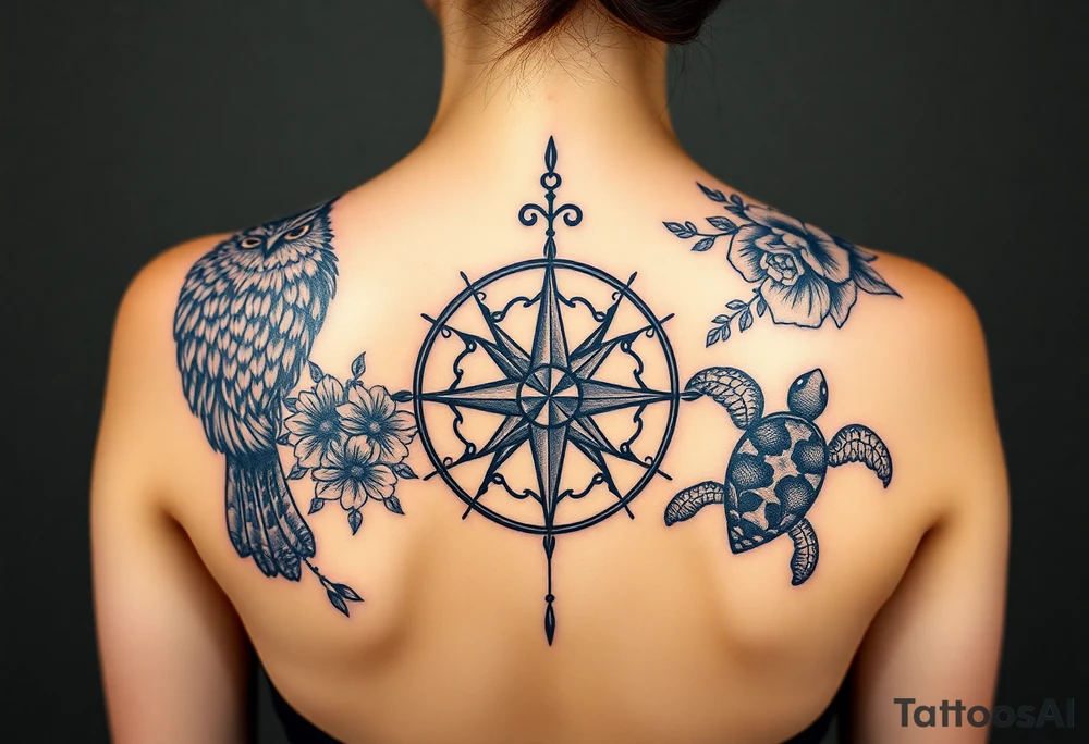 Full back owl on left shoulder flowers on right 3 turtles down spine use antique compass rose overlaid everywhere else tattoo idea