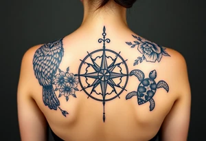 Full back owl on left shoulder flowers on right 3 turtles down spine use antique compass rose overlaid everywhere else tattoo idea