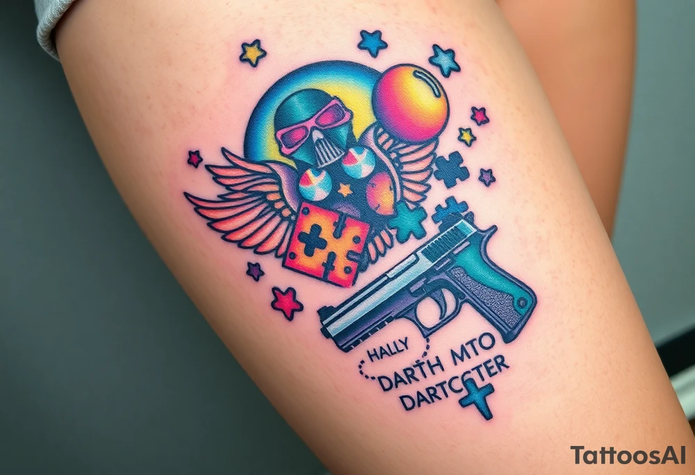 colorful futuristic memory tattoo for passed boyfriend;, star wars, Harley Davidson, skateboarding, puzzle pieces, video games, heaven, god, outdoors, beretta 9mm gun, disc golf, words MEMENTO MORI & DARTH CARTER tattoo idea