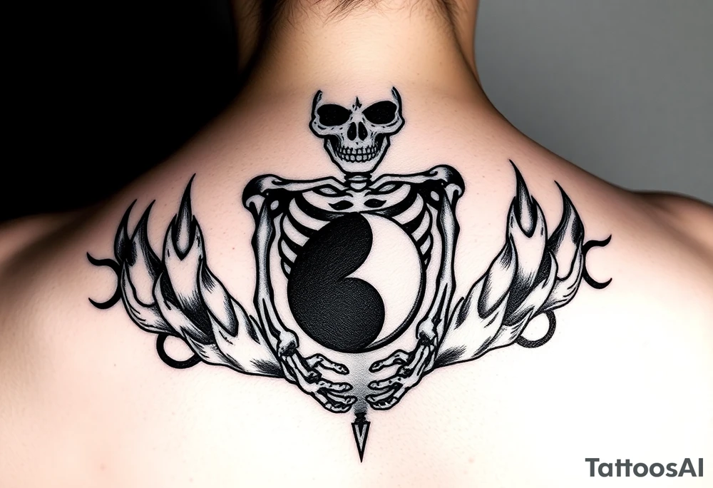 female skeleton surround by subtle flames holding a black half yin yang tattoo idea