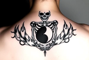 female skeleton surround by subtle flames holding a black half yin yang tattoo idea