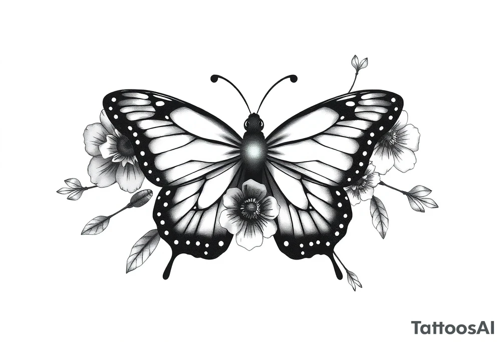 blackink work and shading butterfly with birth flowers around (February birth flower, March birth flower, april birth flower, august birth flower, november birth flowe, september birth flower, december birth flower) tattoo idea