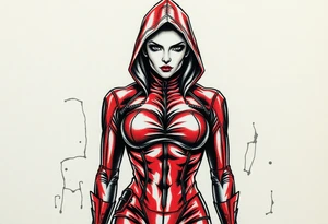 powerful female dominatrix wearing a red latex catsuit and full hood standing in a dungeon tattoo idea