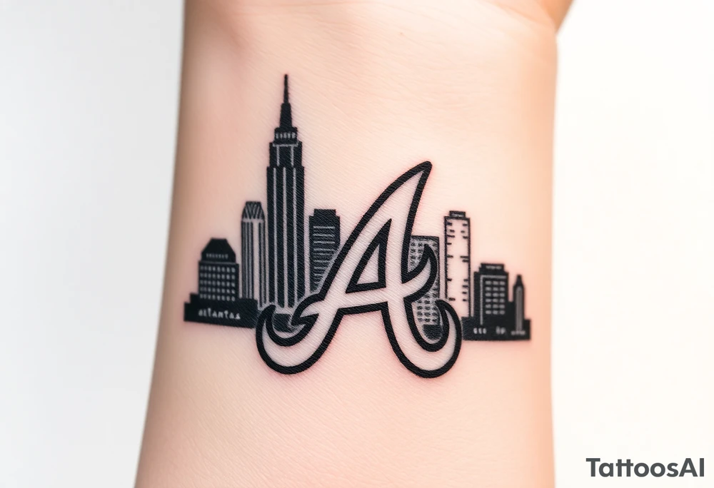 Atlanta city skyline with the Atlanta Braves “A” letter logo negative shaded tattoo idea