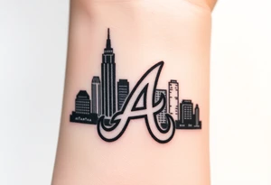 Atlanta city skyline with the Atlanta Braves “A” letter logo negative shaded tattoo idea