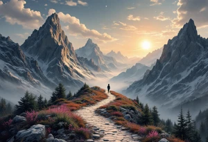 „I nejdelsi cesta zacina prvnim krokem.“ — A winding trail through mountain peaks in soft grays, with a single red bootprint and the proverb written in the sky. tattoo idea