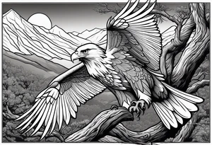 Eagle Attacking a White Dove on a tree limb in the mountains tattoo idea