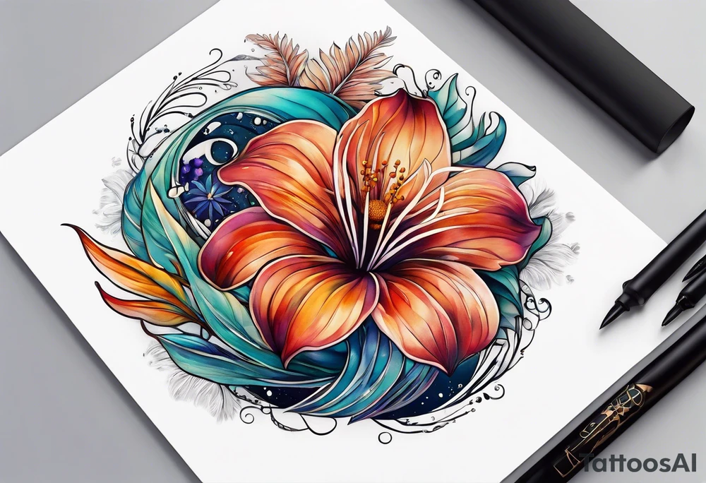 sea,, night, flower, palm, tattoo idea
