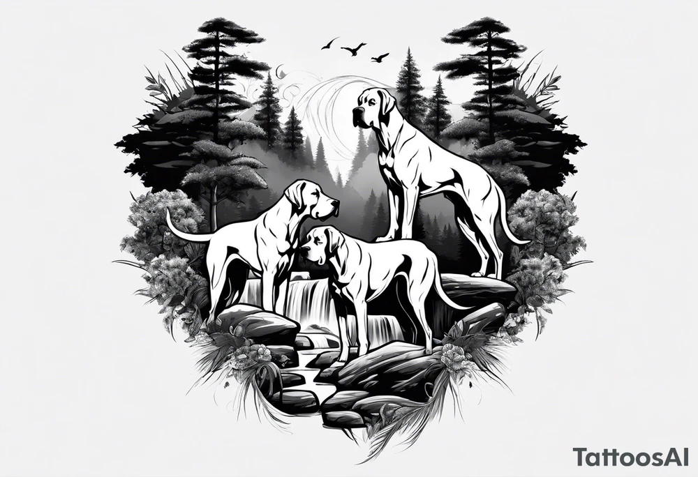 Arm sleeve- with four Great Danes in front of waterfall tattoo idea
