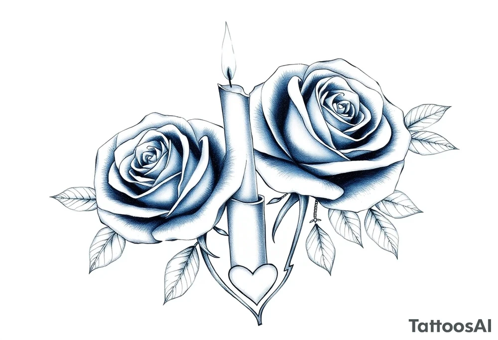 blue,Passed love one, two roses, two candles, hearts tattoo idea