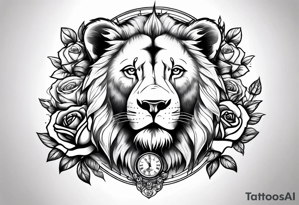 Rose clock bear lion tattoo idea