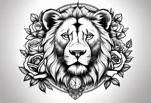 Rose clock bear lion tattoo idea