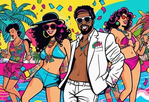 1980's miami vice style beach dance 
party, include confetti, music notes, boom box, bikinis tattoo idea