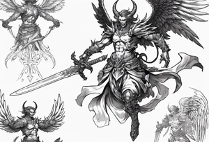 A demon angel wearing organic armor that is in mid-air with his two-handed sword about to attack in isometric view. tattoo idea