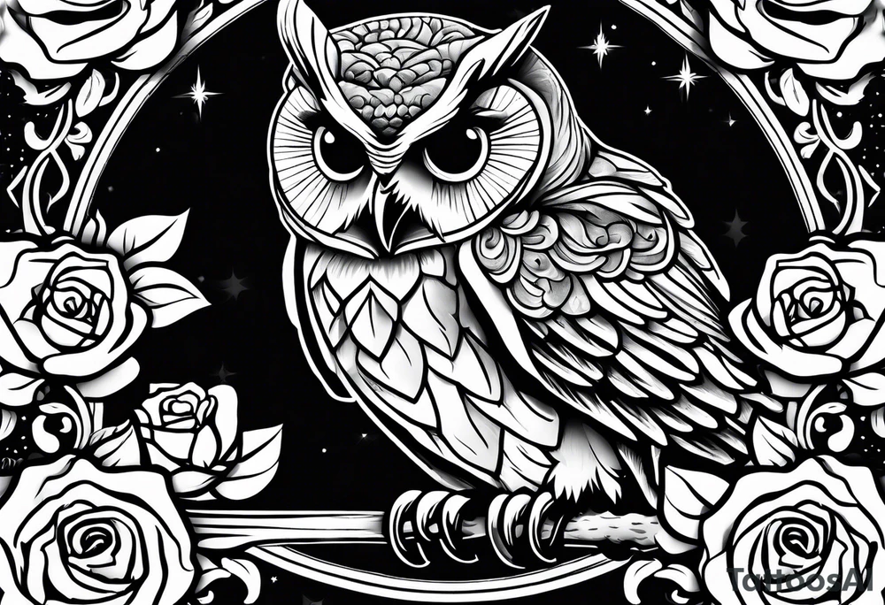 owl with rose tattoo idea