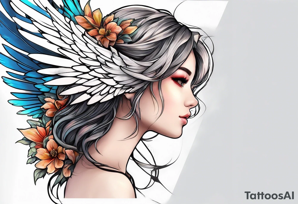 girl angel side profile, with wings, with floating halo, anime style tattoo idea
