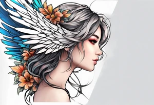 girl angel side profile, with wings, with floating halo, anime style tattoo idea