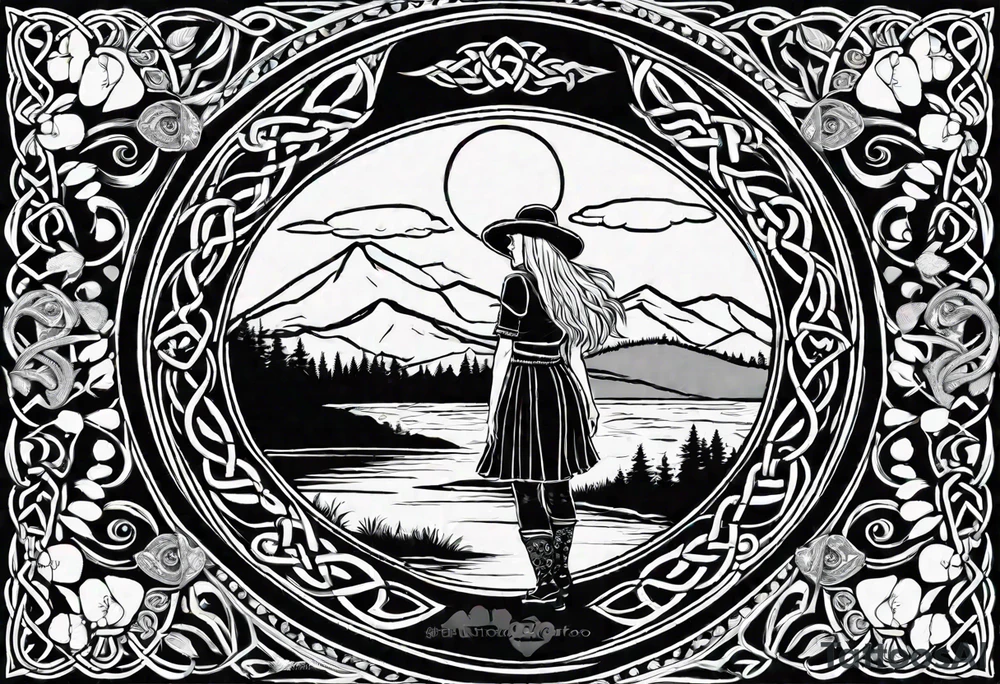 Whole picture encircled fully

Straight long blonde hair hippie girl in distance holding mushrooms in hand facing away toward mountains and creek surrounded by mushrooms long sleeve shirt and hiking pants; whole rendering within a full celtic circle border, no cut off circle tattoo idea