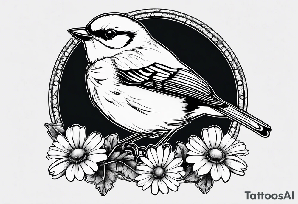 little bird, sitting on a branch holding a daisy tattoo idea
