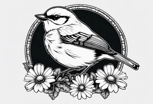 little bird, sitting on a branch holding a daisy tattoo idea