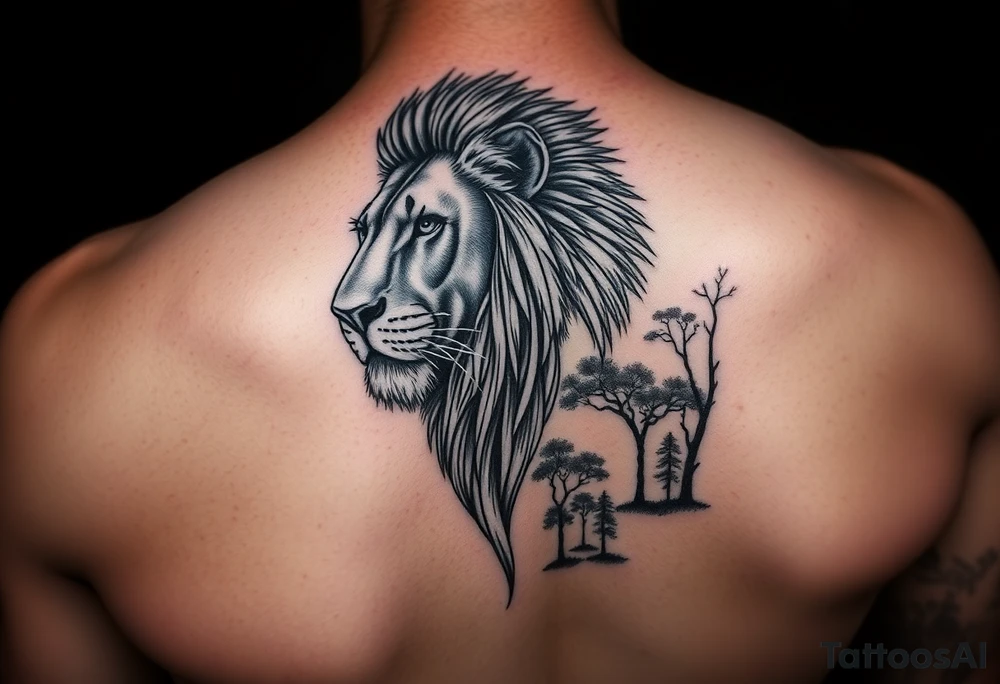 Give me a realistic pridefull nlack and grey lion on the inner forearm with a savannah dunset undeath with trees tattoo idea