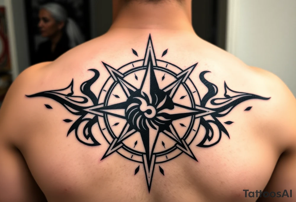 A sharp edged rip curl wave inside of a compass rose tattoo idea