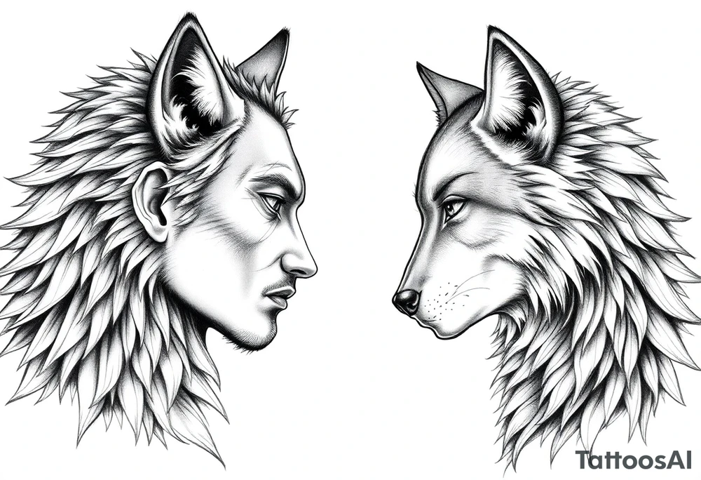 Male and female human facing each other both transforming into wolves tattoo idea